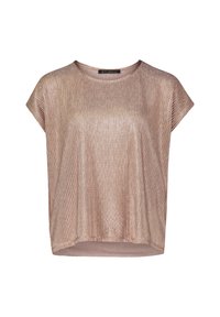 Schimmerndes, roségoldenes Kurzarmoberteil mit lockerer Passform, das über eine vertikale Rippstruktur und einen runden Halsausschnitt verfügt. Fällt problemlos am Saum.