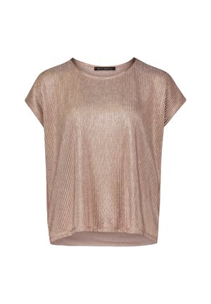 Złocisty różowy top z krótkim rękawem o luźnym kroju, z pionowym prążkowanym wzorem i okrągłym dekoltem. Swobodnie opada na dolnej krawędzi.