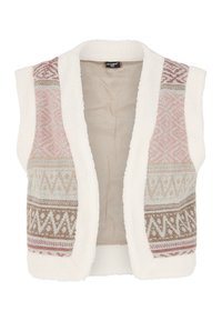 Fleece vesta s otevřeným předním dílem, s bílým tělem a vzorovanými stranami v růžových, béžových a hnědých geometrických designech. Měkká textura.