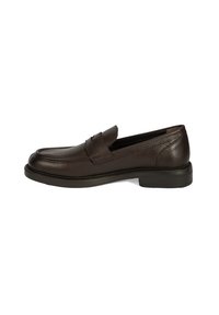 Dunkelbraune Lederloafer mit strukturierter Oberfläche, abgerundeter Zehenform und hervorgehobenen Steppnähten entlang der Kanten. Niedriger Gummisohle.