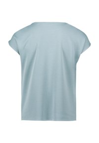 Light blue T-shirt with a relaxed fit, short rolled sleeves, and a smooth texture. Features a rounded neckline and a simple design.