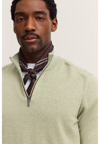 Maglione verde chiaro con zip e colletto a coste, con un piccolo logo sul petto, abbinato a una sciarpa marrone a motivo attorno al collo.