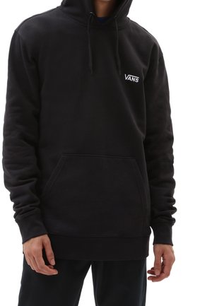 Schwarzer Kapuzenpullover aus weichem Baumwollmischgewebe, mit einer Fronttasche, Kordeln und einem weißen Vans-Logo auf der linken Brust.