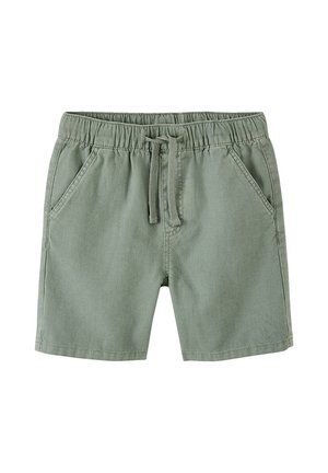 Olive green cotton shorts with elastic waistband, front drawstring, and angled side pockets.