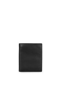 Black leather wallet with a smooth texture, rectangular shape, and subtle branding detail on the bottom right corner.