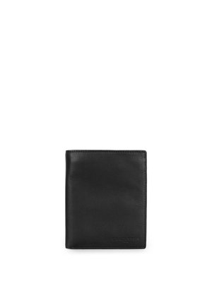 Black leather wallet with a smooth texture, rectangular shape, and subtle branding detail on the bottom right corner.