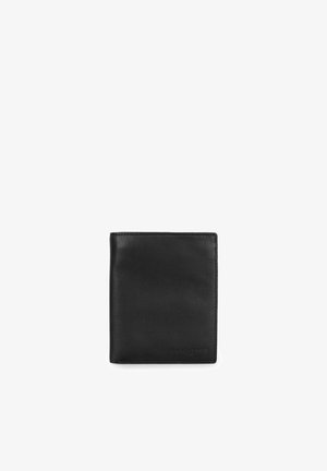 Black leather wallet with a smooth texture, rectangular shape, and subtle branding detail on the bottom right corner.