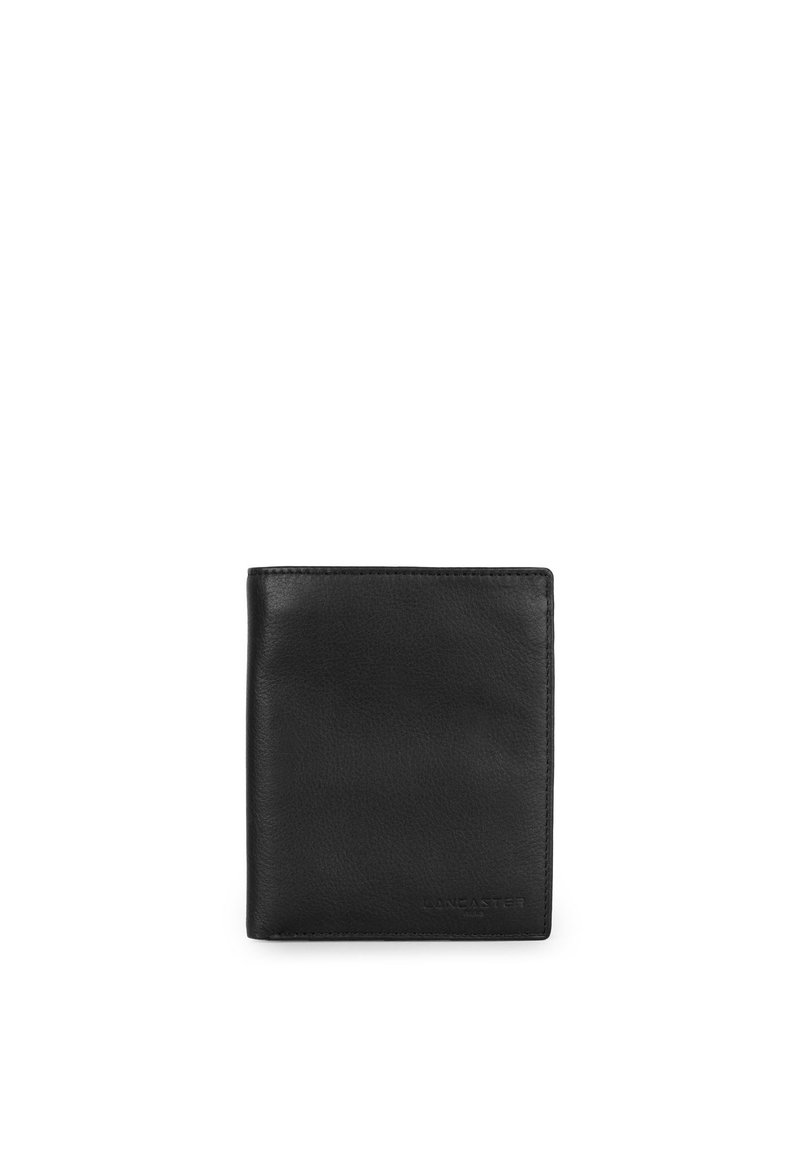 Black leather wallet with a smooth texture, rectangular shape, and subtle branding detail on the bottom right corner.