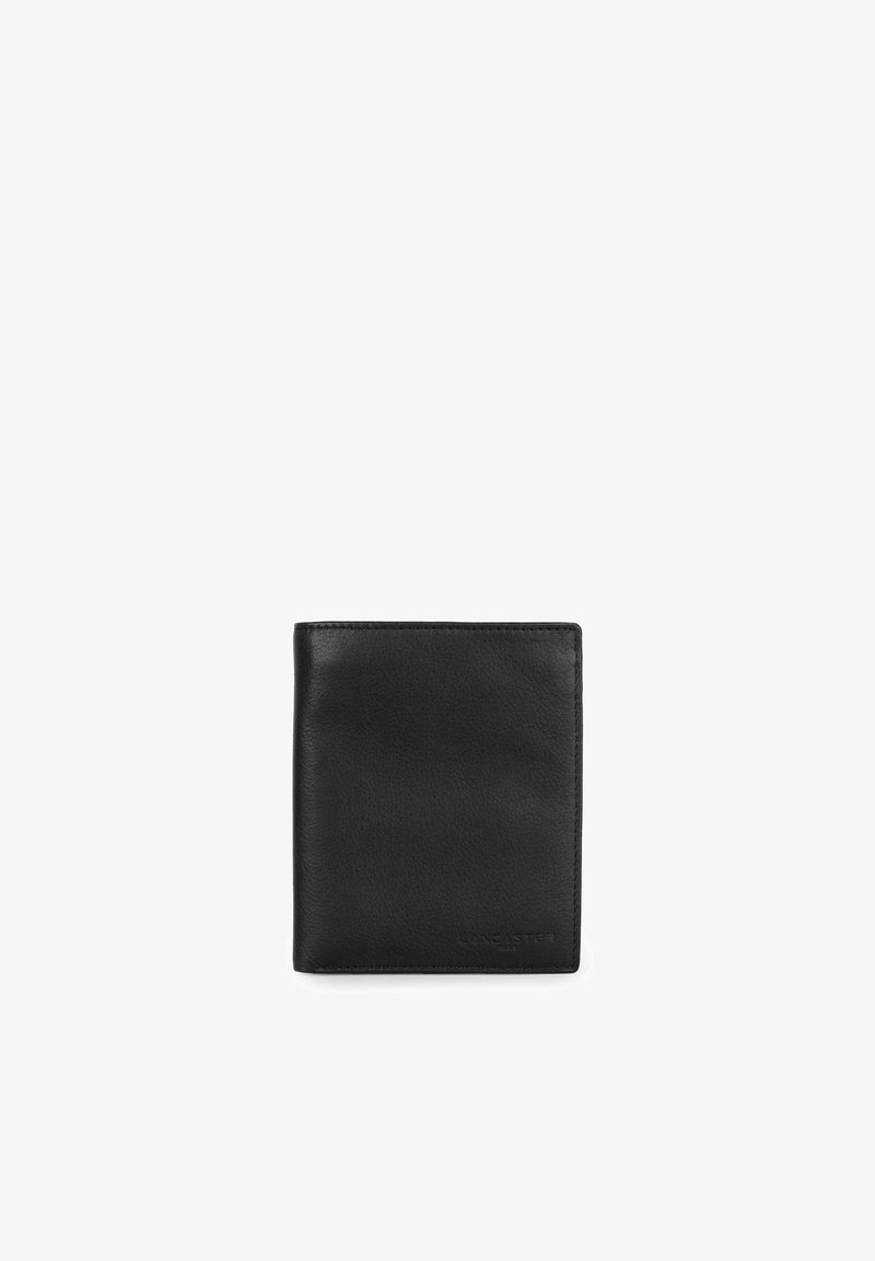 Black leather wallet with a smooth texture, rectangular shape, and subtle branding detail on the bottom right corner.