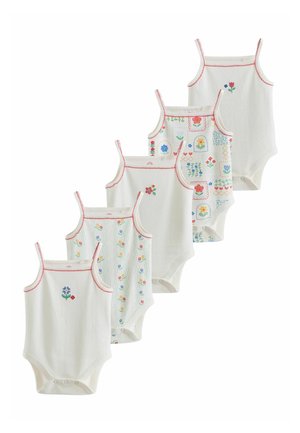 Vijf witte babyrompers met rode rand, elk met een ander kleurrijk bloem- en patroonborduursel aan de voorkant.