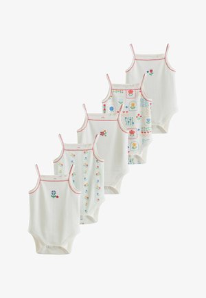 Cinci body-uri albe pentru bebeluși cu margini roșii, fiecare având broderii colorate florale și cu modele diferite pe față.