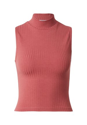 Rippenshirt ohne Ärmel mit Stehkragen in staubigem Rosaton, aus elastischem Stoff gefertigt. Besitzt eine figurbetonte Passform und eine dezente Struktur.