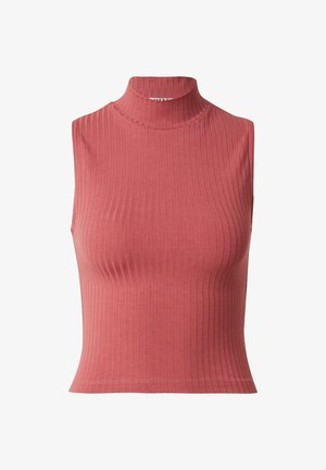 Rippenshirt ohne Ärmel mit Stehkragen in staubigem Rosaton, aus elastischem Stoff gefertigt. Besitzt eine figurbetonte Passform und eine dezente Struktur.