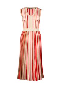 Knit sleeveless dress featuring vertical stripes in red, pink, beige, and cream. V-neck design with a fitted waist and flared skirt.
