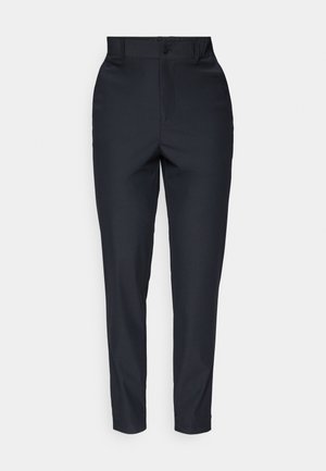 Dopasowane granatowe spodnie wykonane z gładkiego materiału, charakteryzujące się talią o dopasowanym kroju, prostymi nogawkami oraz wyprasowanymi linijkami dla eleganckiego wyglądu.