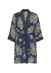 Robe stile kimono navy con motivo floreale giallo e blu. Presenta un design avvolgente, maniche ampie e una cintura abbinata. Tessuto dalla texture liscia.