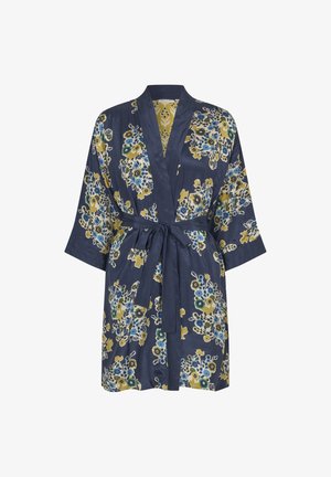 Navy kimono-style robe with floral pattern in yellow and blue. Features a wrap design, wide sleeves, and a matching tie belt. Smooth fabric texture.