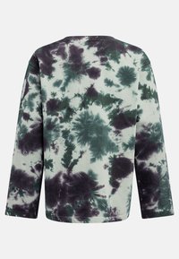 Long-sleeved tie-dye shirt featuring a mix of dark green and black patterns on a light background, made from soft fabric with a relaxed fit.