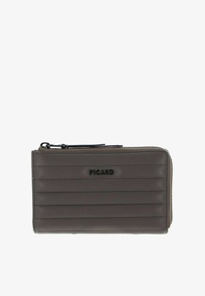 Portefeuille en cuir gris avec design matelassé, doté d'une fermeture éclair et du logo "PICARD" embossé sur le devant. Compact et élégant.