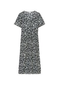 Blommig klänning i marinblå och krämvit, korta ärmar, V-neck, avslappnad passform, knälång, samlad detalj vid midjan. Material i bomullsblandning.