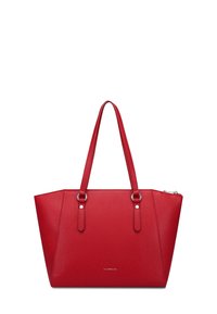 Červená syntetická taška přes rameno s texturovaným povrchem, dvěma dlouhými rukojeťmi a stříbrnými kovovými detaily. Disponuje zipovým uzávěrem.