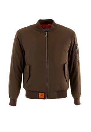 Giubbotto bomber marrone con zip frontale, polsini a costine, due tasche laterali e tasca con zip sulla manica; foderato in arancione visibile all'interno.