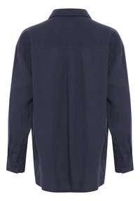 Donkerblauwe, lange mouwen shirt van textuurstof, met een klassieke kraag en knoopmanchetten, recht gesneden met een achterplooitje.