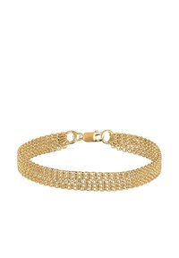 Pulsera de malla dorada con un diseño de doble capa y cierre de gancho. La textura es suave, con un patrón delicado e intrincado.