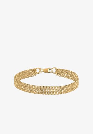 Auksinis tinklelis apyrankė su dvigubu dizainu ir užsegimu. Tekstūra glotni, puikuojasi švelniu ir sudėtingu raštu.