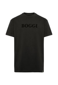 Mustat puuvillapaidat, joissa on pyöreä kaula-aukko ja lyhyet hihat, ja joissa on sana "BOGGI" rohkeassa, sävyyn sointuvassa painatuksessa rinnan kohdalla.