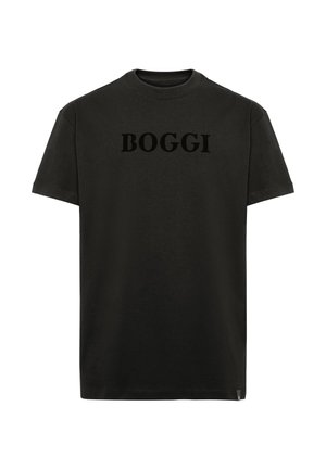 Must mustaga T-särk ümmarguse kaeluse ja lühikeste varrukatega, mille esiosas on sõna "BOGGI" julge, ühtlase trükiga.