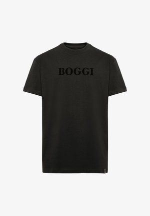 Schwarzes Baumwoll-T-Shirt mit Rundhalsausschnitt und kurzen Ärmeln, versehen mit dem Schriftzug "BOGGI" in einem kräftigen, tonalen Druck auf der Brust.