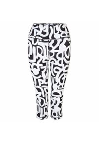 Leggings capri en blanco y negro con un patrón gráfico abstracto y audaz. Fabricados en material elástico con una cinturilla ancha y costuras planas.