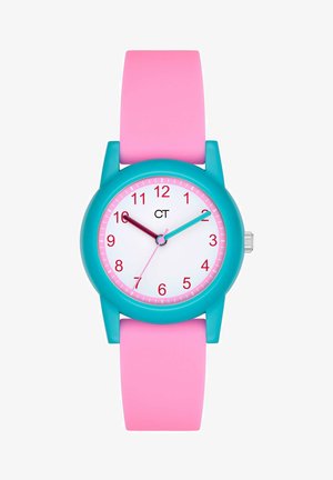 Bunte Uhr mit einem weißen Ziffernblatt und rosa sowie türkisfarbenen Akzenten, einem pinkfarbenen Silikonarmband und großen Ziffern für eine einfache Ablesbarkeit.