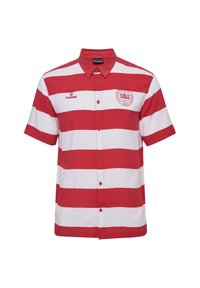 Rood-witte gestreepte korte mouwen knoopshirt van lichtgewicht stof, met een logo op de linkerborst en de merknaam aan de voorkant.