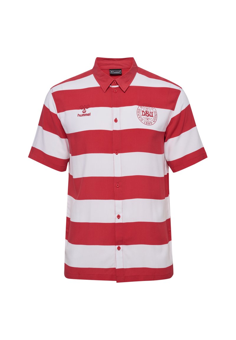 Rood-witte gestreepte korte mouwen knoopshirt van lichtgewicht stof, met een logo op de linkerborst en de merknaam aan de voorkant.