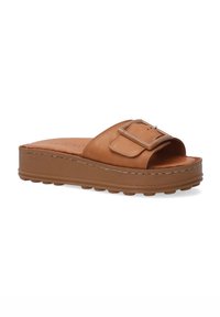 Brown leather slide sandal with a wide strap and buckle detail, featuring a textured brown platform sole and stitched accents.