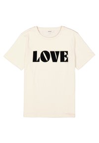 Cremfarbendes Baumwoll-T-Shirt mit kurzen Ärmeln und rundem Hals, das große schwarze "LOVE"-Buchstaben auf der Vorderseite zeigt.