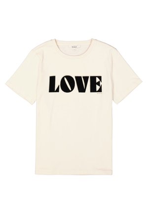 Camiseta de algodón color crema con mangas cortas y cuello redondo, que presenta una atrevida letra negra "LOVE" en la parte frontal.