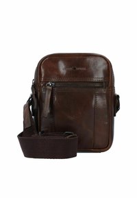 Brown leather crossbody bag with a rectangular shape, featuring a front zipper pocket and a fabric shoulder strap. Smooth texture, minimal hardware.
