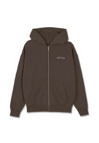 Brauner Reißverschluss-Hoodie aus Baumwollmischung mit einer Vordertasche, einer Kapuze mit Kordelzug und dem Textlogo "Cozy Club" auf der linken Brust.