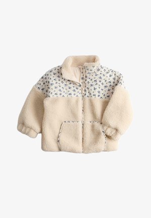 Fleecejacke in Creme mit floral gemustertem oberen Teil, hohem Kragen, Reißverschluss und großer Fronttasche. Weicher Stoff überall.