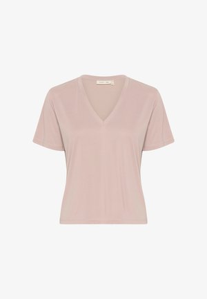 V nyakú, rövid ujjú póló, puha, világos rózsaszín színben. Könnyű anyagból készült, laza szabással és varrott szegélydíszítéssel.