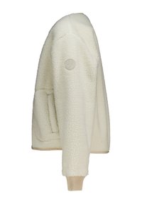 Kermavärviline fliisjakk, millel on tekstureeritud pind, küljetasku, ribitud varrukad ja ümmargune logo õlal.