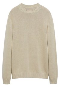 Beiger Strickpullover mit rundem Ausschnitt, gerippten Bündchen und Saum sowie weicher Textur. Mit langen Ärmeln und einer lockeren Passform.