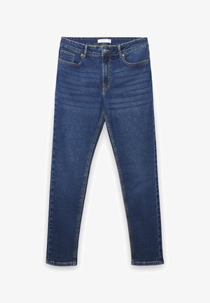 Jeans in denim blu scuro con design aderente, cinque tasche, chiusura con bottone e dettagli di cuciture visibili. Tessuto liscio e gambe affusolate.