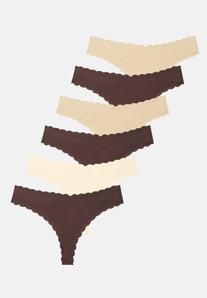 Six scalloped-edge thong underwear arranged vertically, alternating dark brown, beige, and cream colors on a white background.