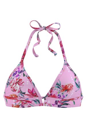 Pinker Bikini-Oberteil mit Dreiecksdesign, verstellbaren Bändern und einem lebhaften Druck mit Blumen und geometrischen Formen.