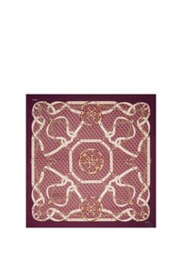 Seidenschal mit burgunderrotem Hintergrund, weißen und goldenen Kettenmustern, aufwändigen Schleifen und einem achteckigen zentralen Design.