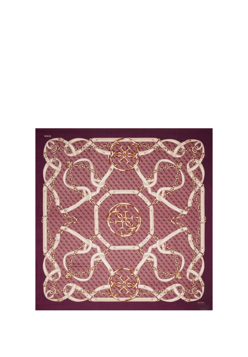 Seidenschal mit burgunderrotem Hintergrund, weißen und goldenen Kettenmustern, aufwändigen Schleifen und einem achteckigen zentralen Design.